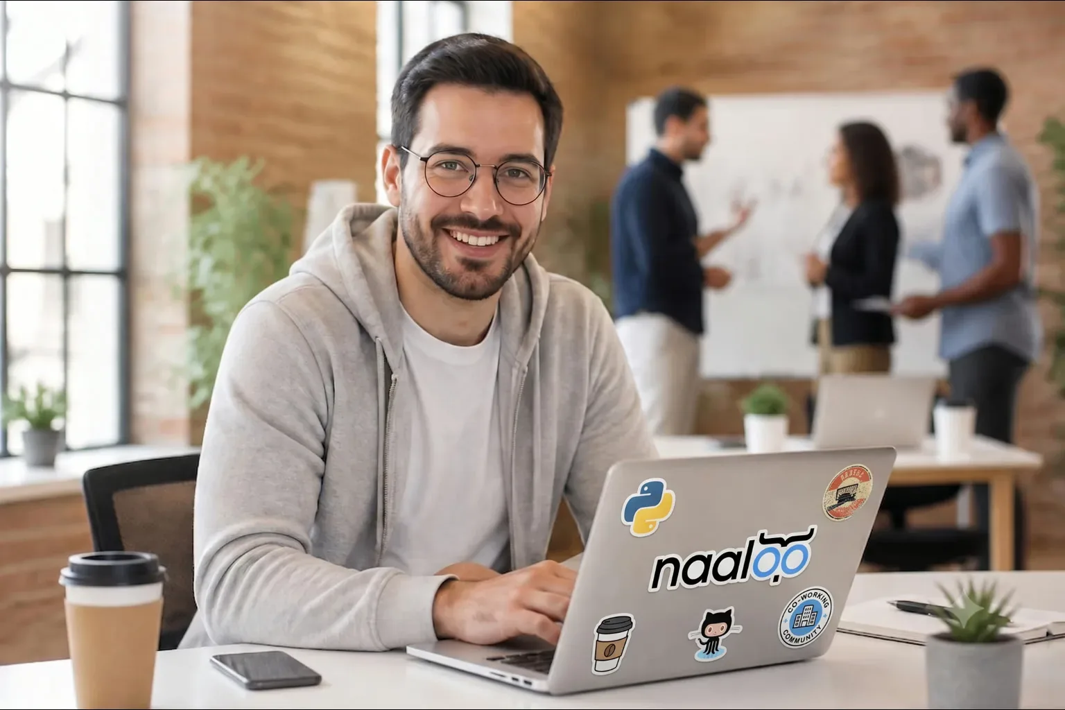 Profesional sonriendo frente a su laptop en una oficina moderna