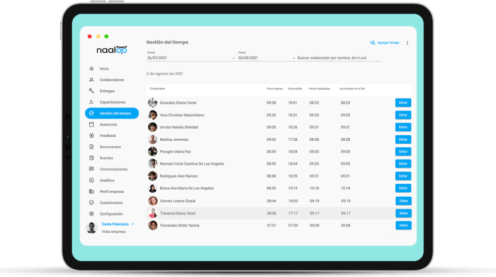 Software de Recursos Humanos - registro de jornada pantalla