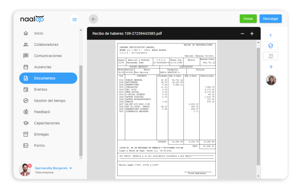 Firma electrónica de recibos en Naaloo - Software de Recursos Humanos para pymes